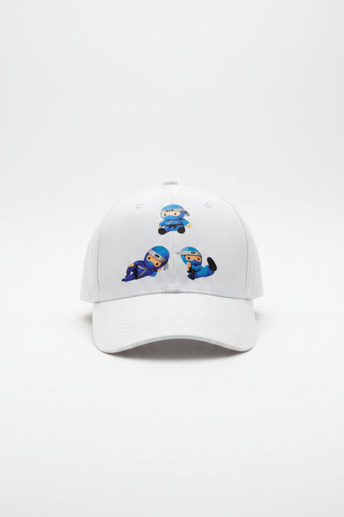 Blue Ninja Cap with ninja character graphics on white baseball cap