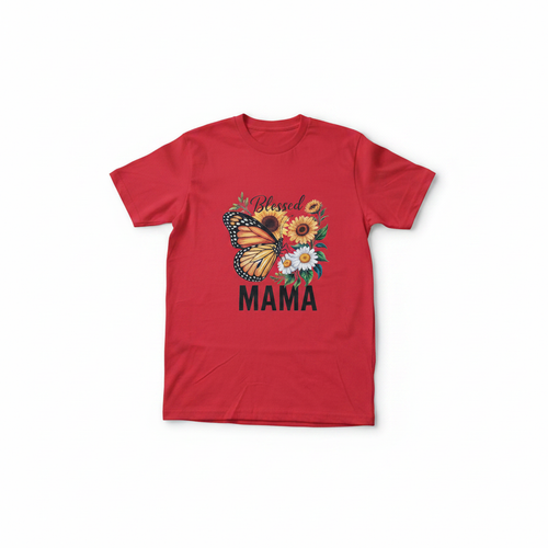 A red short-sleeve crewneck t-shirt featuring a colorful graphic on the front with a butterfly, sunflowers, daisies, and the text 'Blessed MAMA' in black.