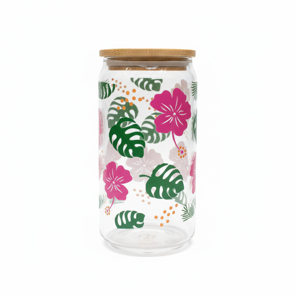 Tropical Hibiscus Glass Can with Bamboo Lid