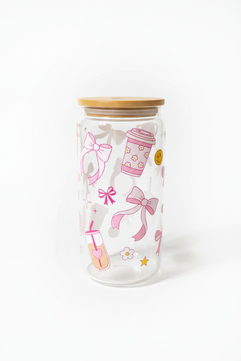 Pink Bow Glass Cup with Bamboo Lid